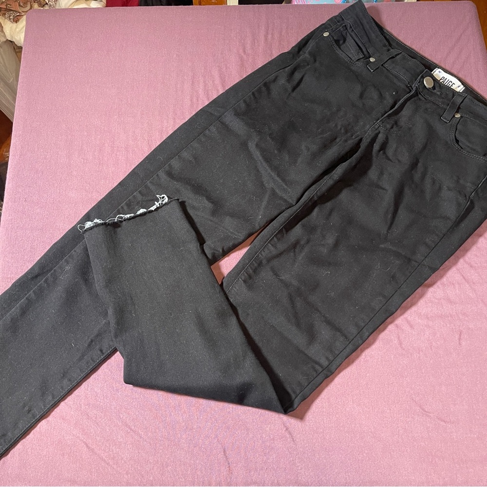 Paige Peg Skinny - Black Skinny Jeans Raw Hem - Size 25